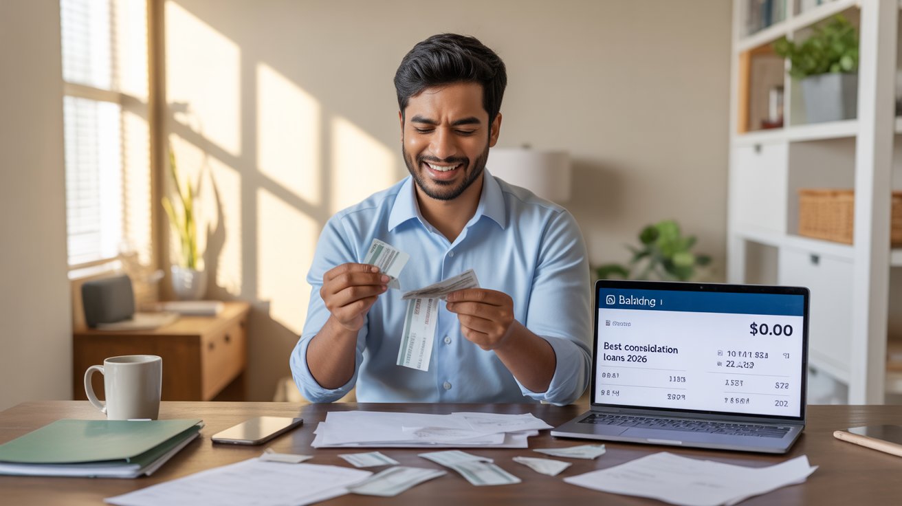 Best debt consolidation loans 2026 showing relieved person tearing up credit card bills with laptop displaying zero balance