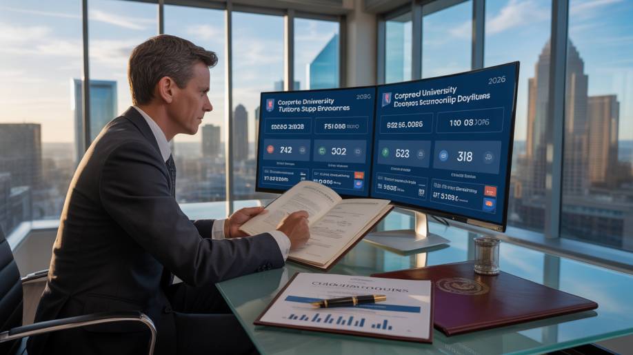 The 10 Best US Universities For Corporate Sponsored Degrees 2026 financial director reviewing B2B university tuition funding dashboards